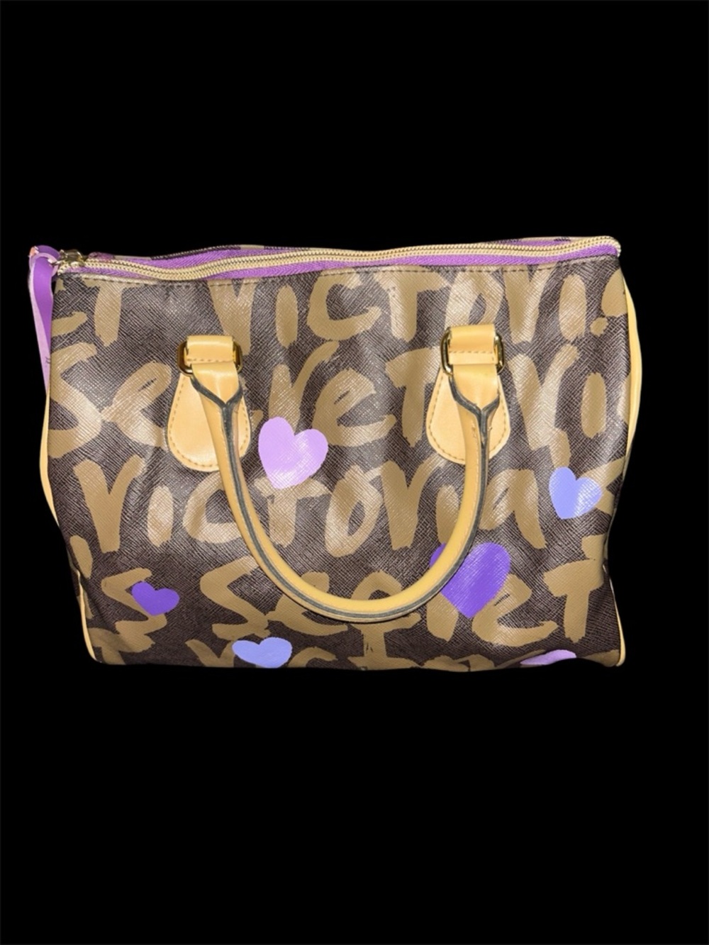 Y2K Victoria’s Secret Logo Satchel – Tan/Brown Graffiti Hearts Handbag
